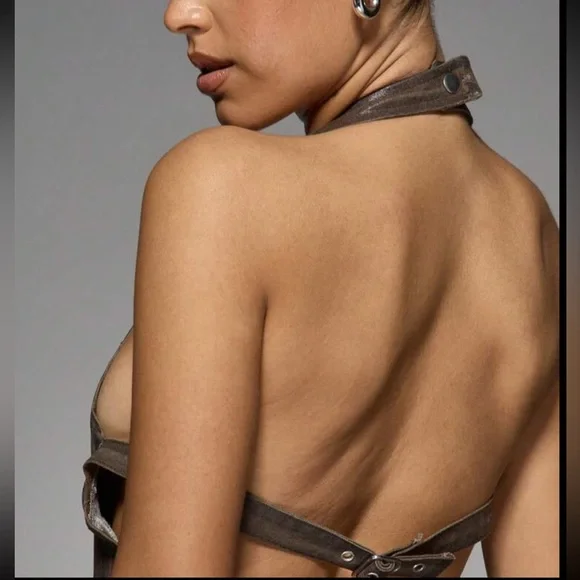 Brown Zipper front Halter Coated Denim Flare Hem Stretchy thick Jumpsuit - Picture 5 of 8